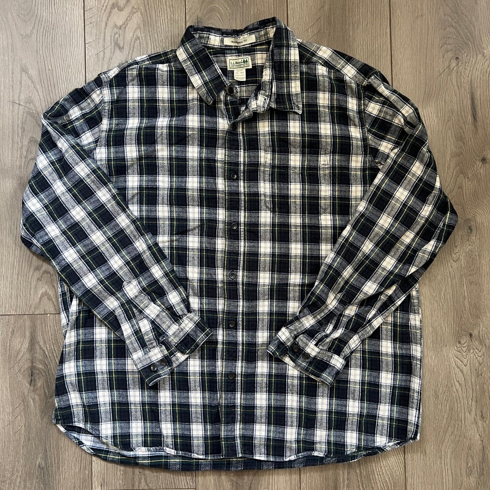 LL Bean Blue Green Button Down Flannel Mens XXL Reg Traditional Fit‎ 100% Cotton